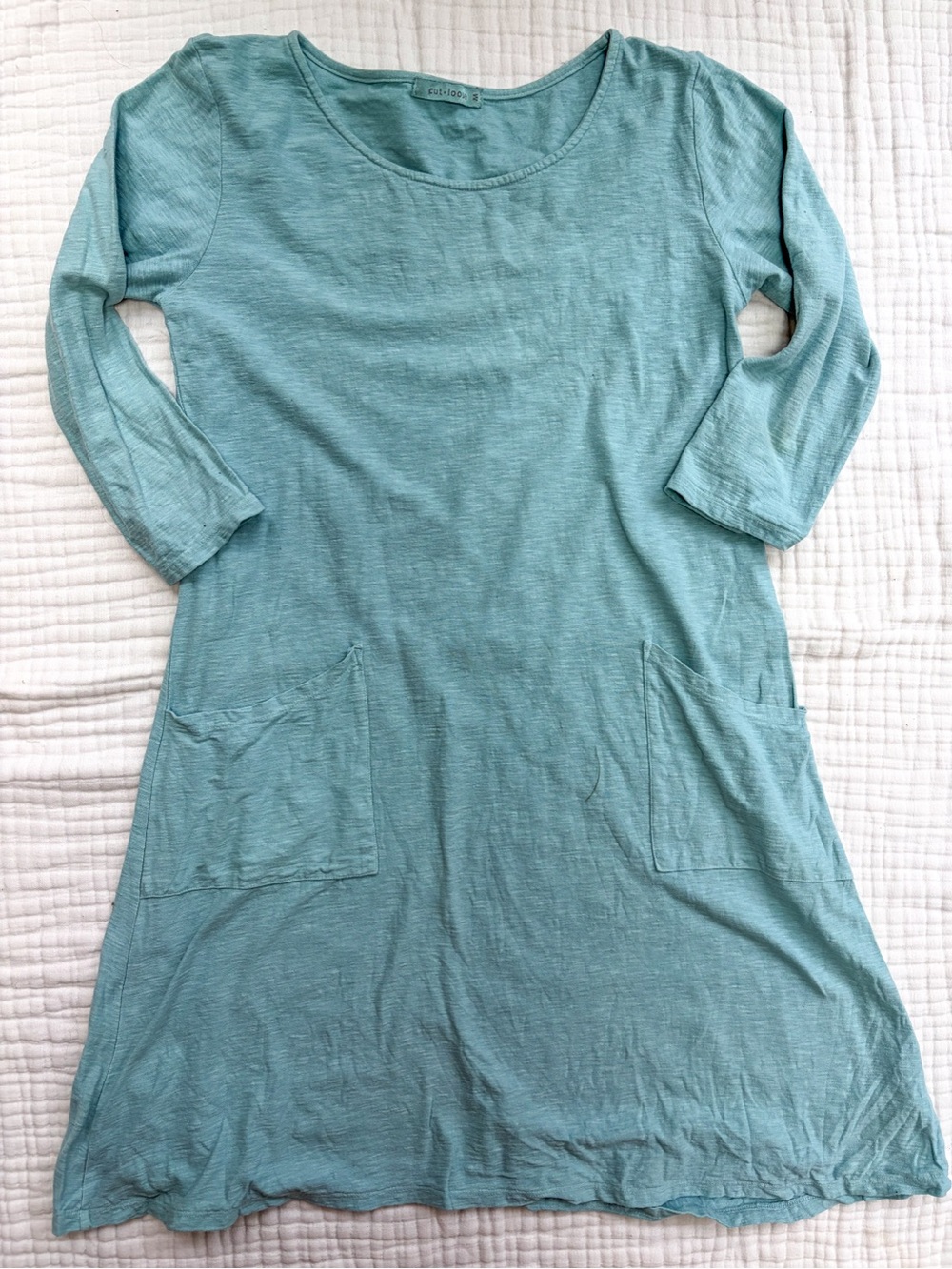 Cut.Loose Aqua Linen Cotton Pocket Dress 3/4 Sleeve Tunic Dress Made in USA Size